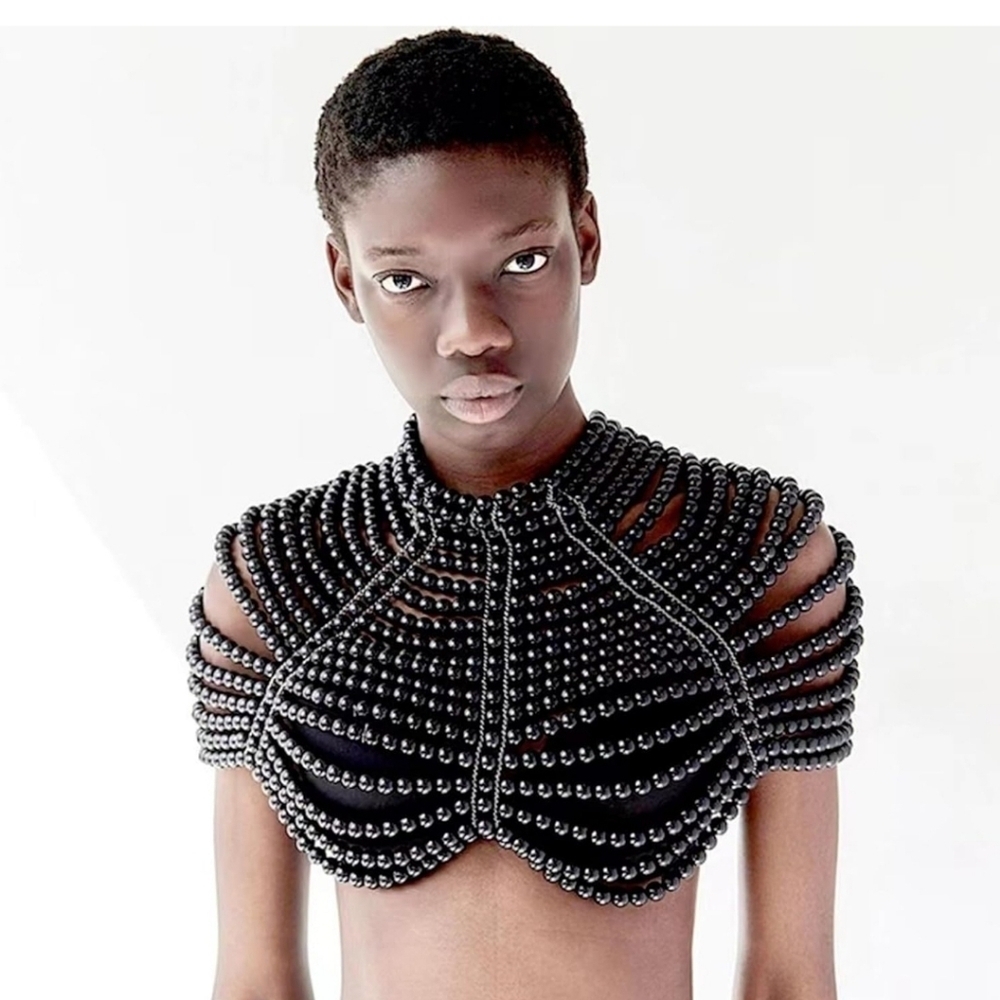 Stricking Black Beaded Shall/ Top